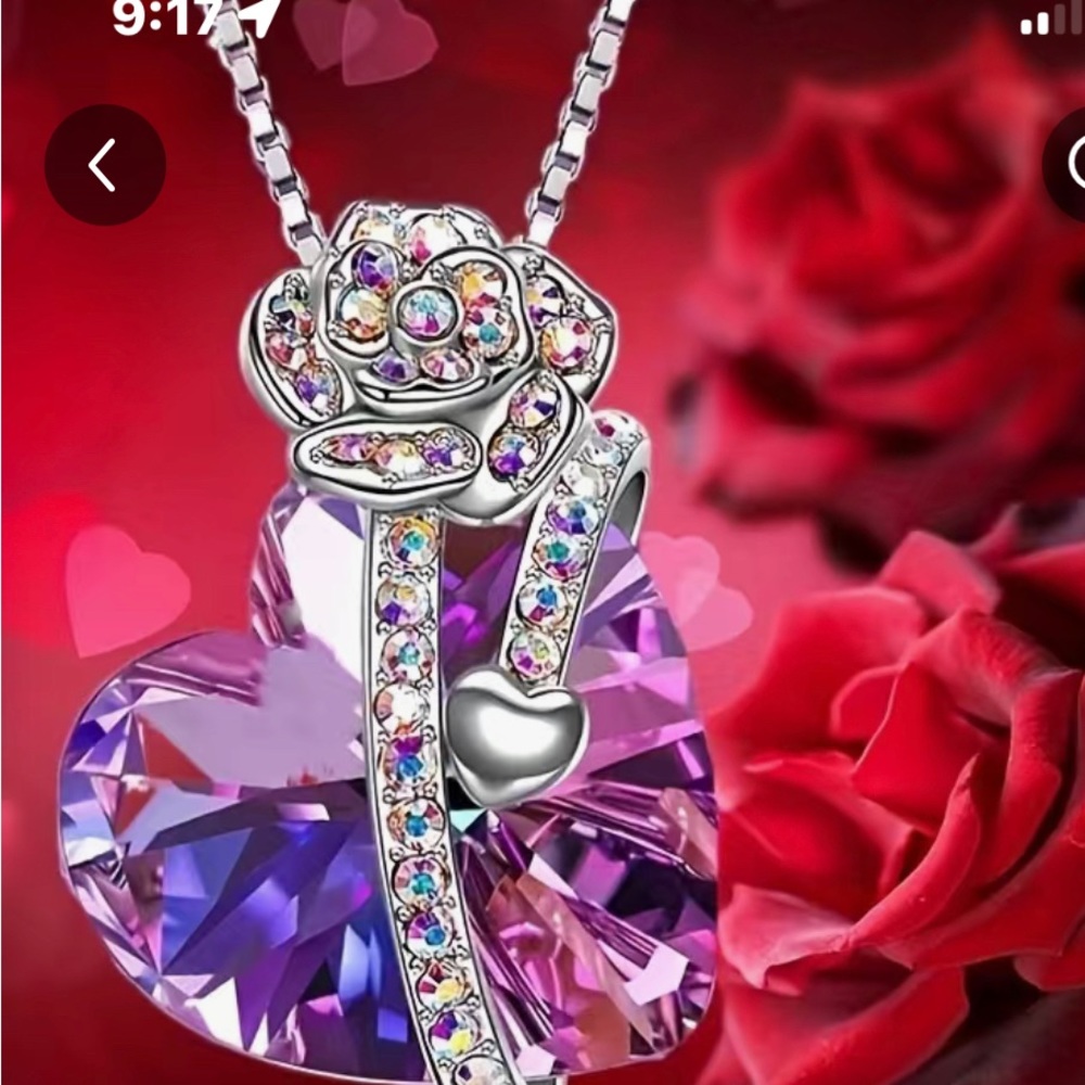 Women necklace sliver tone Purple Heart with stones around it